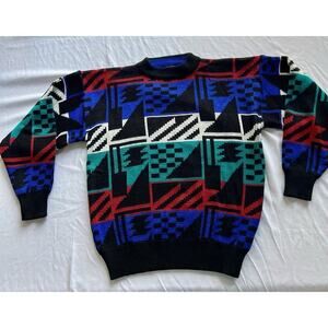 VTG Oakton LTD Mens Sweater LG Geometric Bright Rainbow 90’s Y2K Grandpa